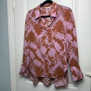 Entro Floral Button Down Blouse Womens Small Oversized Dressy Pink Brown